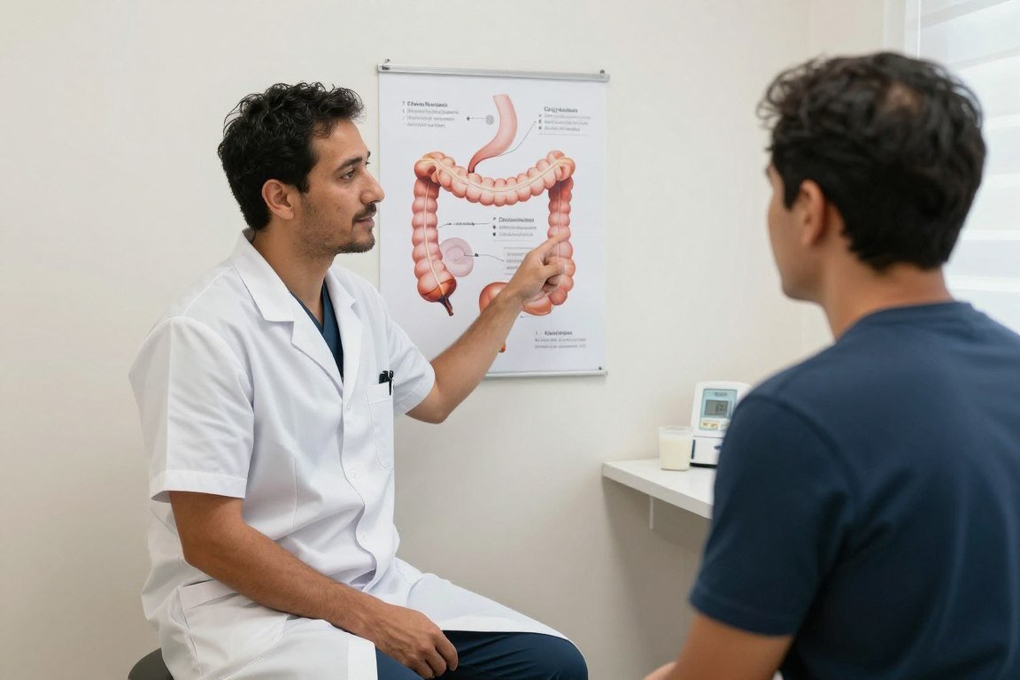 Profesional de la salud explicando los beneficios de la hidroterapia de colon a un paciente en Mérida Profesional de la salud explicando los beneficios de la hidroterapia de colon a un paciente en Mérida