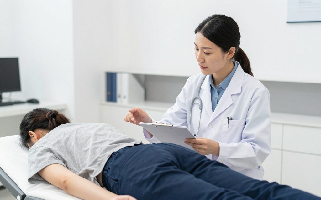 Médico explicando aplicaciones de hidroterapia de colon a paciente en consulta médica
