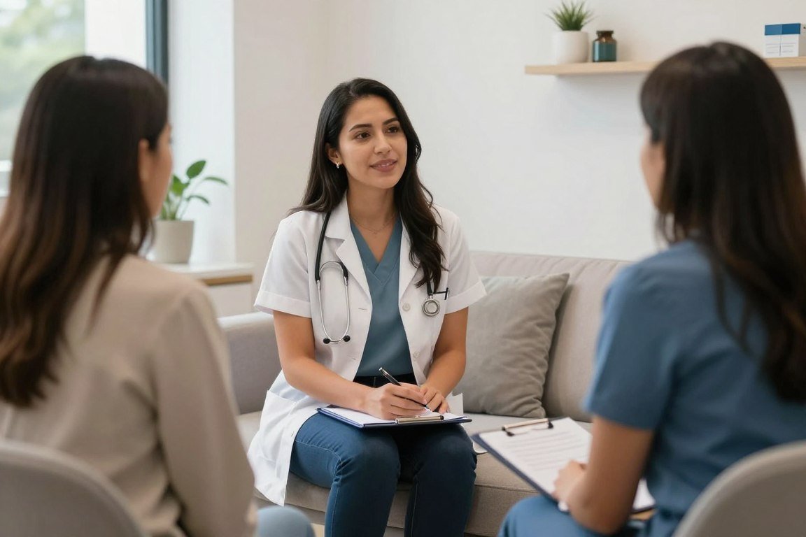 Profesional de salud realizando consulta antes de hidroterapia de colon Profesional de salud realizando consulta antes de hidroterapia de colon