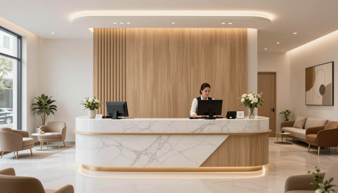 Recepción moderna de clínica de hidroterapia en Polanco Recepción moderna de clínica de hidroterapia en Polanco