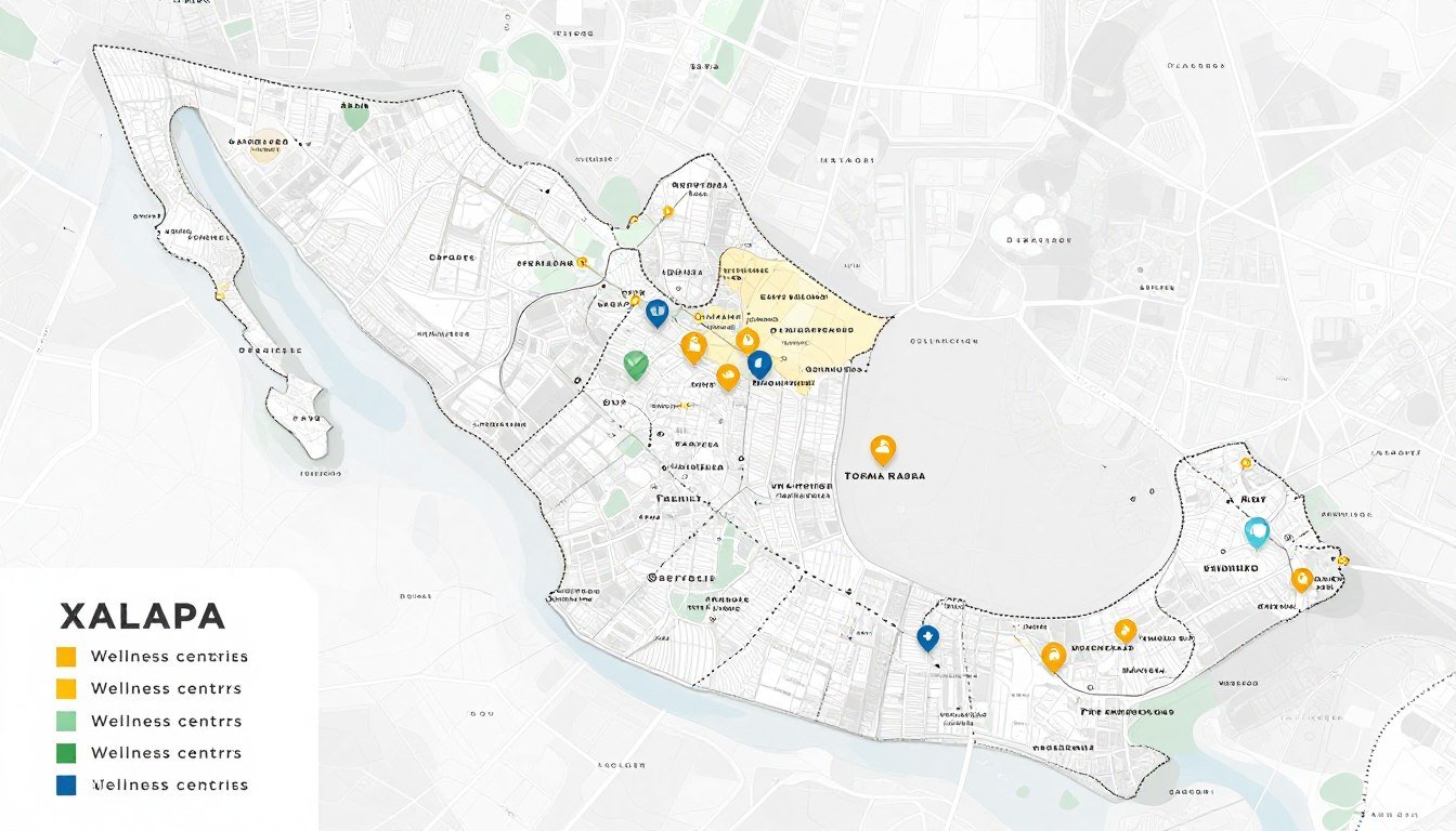 Mapa de Xalapa mostrando zonas ideales para centro de hidroterapia de colon