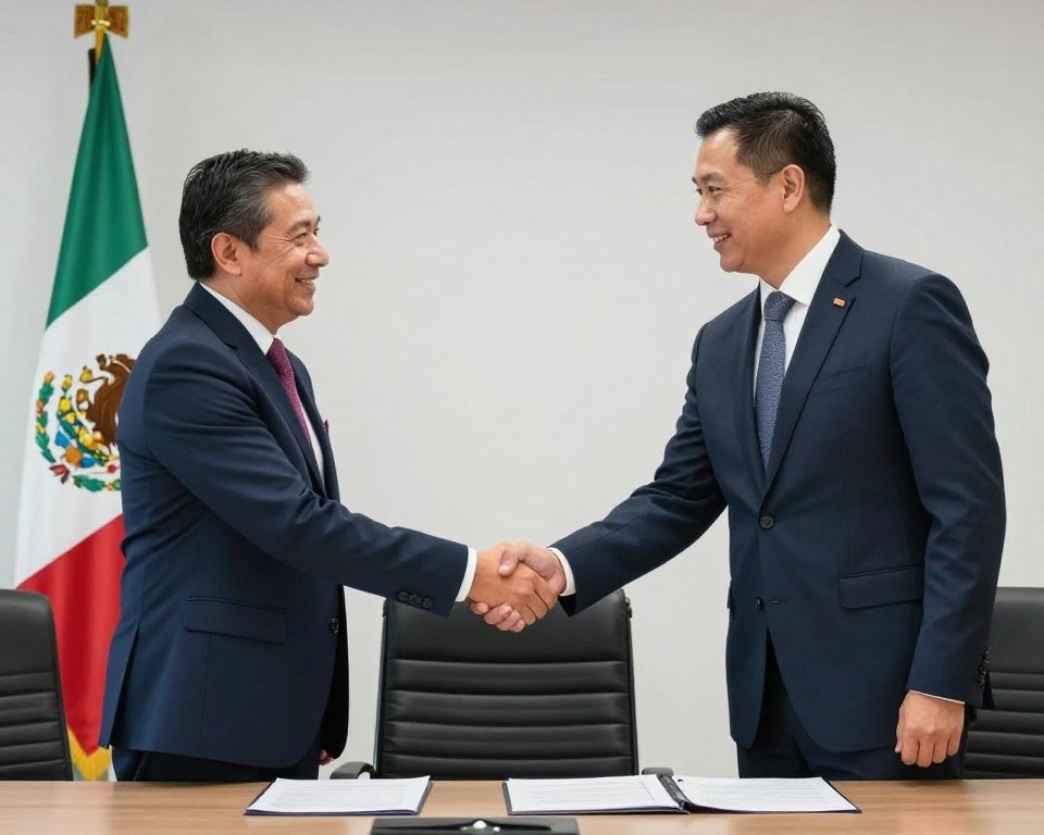Apretón de manos entre representante de MAIKONG y nuevo distribuidor mexicano