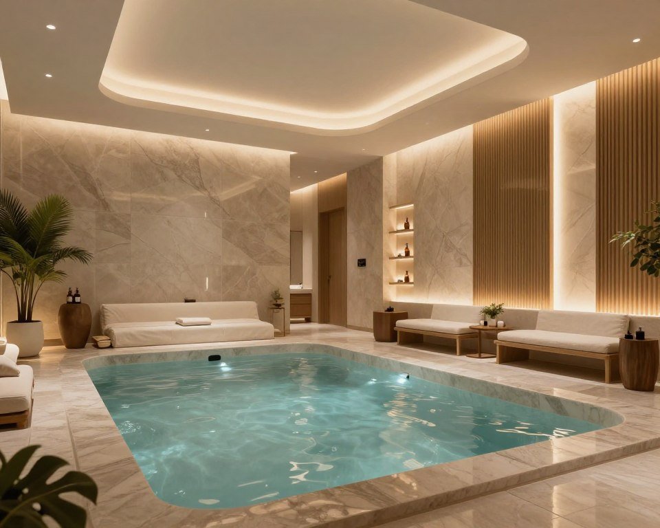 Interior moderno de SPA premium con área de hidroterapia de colon en Ciudad de México