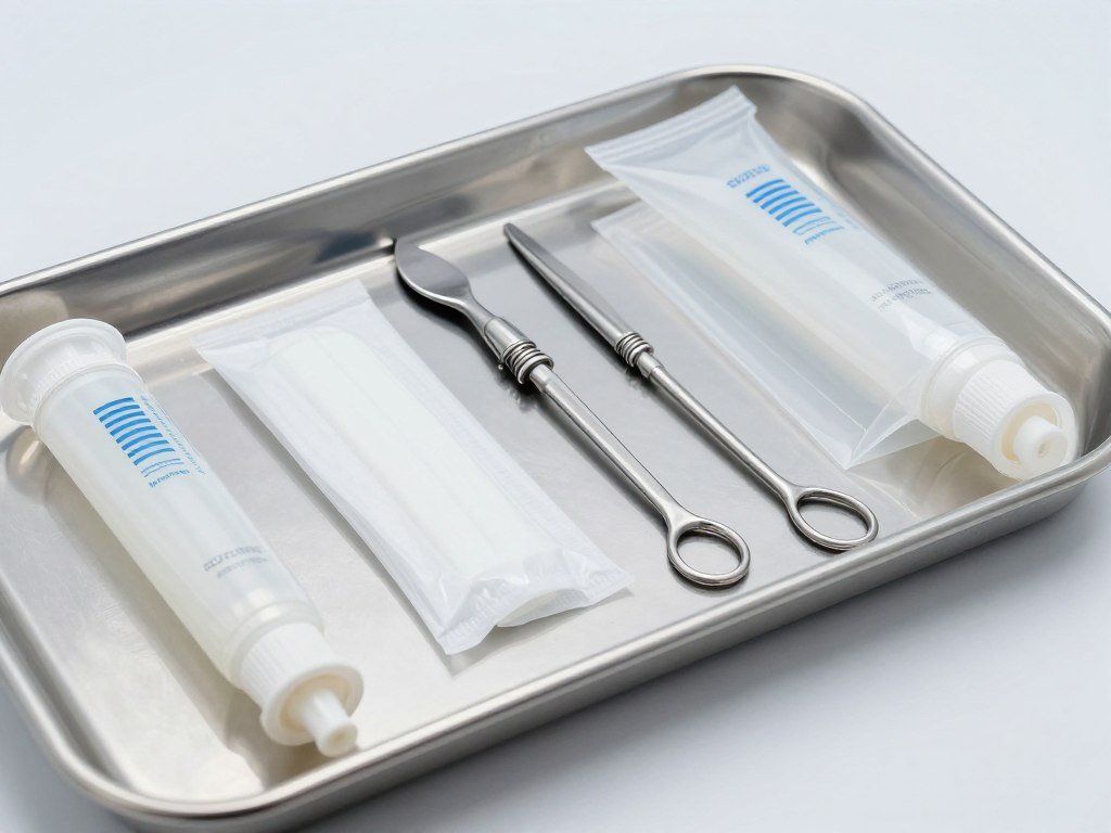 Materiales desechables para hidroterapia de colon organizados en bandeja estéril