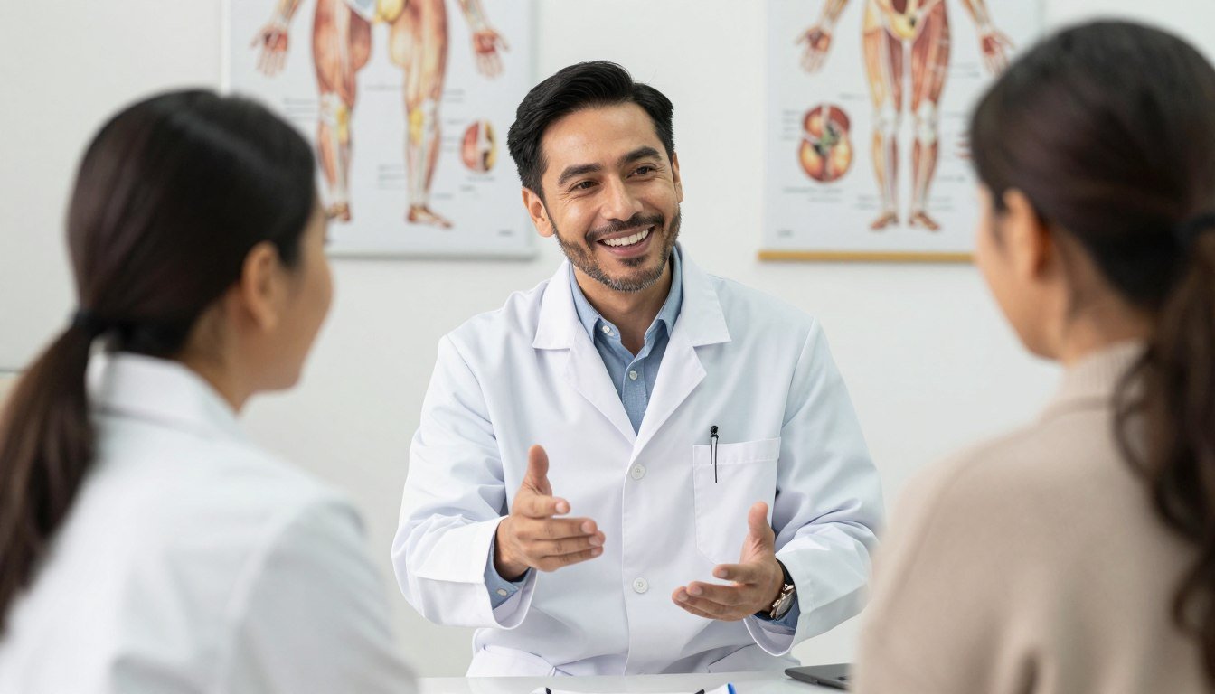 Médico explicando beneficios de hidroterapia de colon a paciente Médico explicando beneficios de hidroterapia de colon a paciente