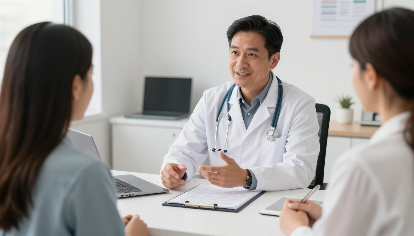 Profesional médico explicando beneficios de hidroterapia de colon