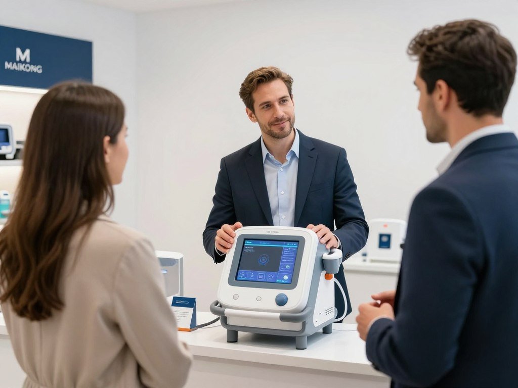 Distribuidor MAIKONG mostrando máquina para hidroterapia de colon a cliente potencial
